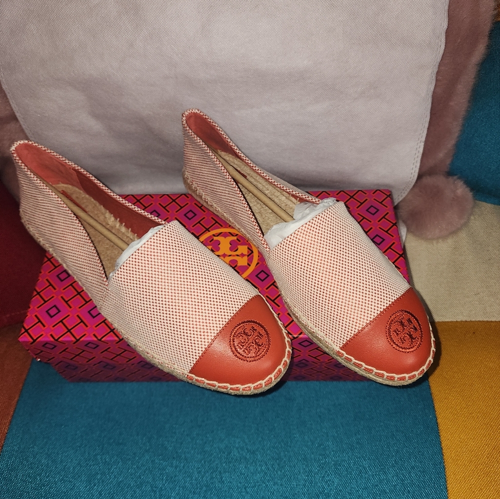 TORY BURCH NWT COLOR BLOCK FLAT ESPADRILLE SZ 10.5 LUGGAGE CANVAS/NAPPA LEATHE
